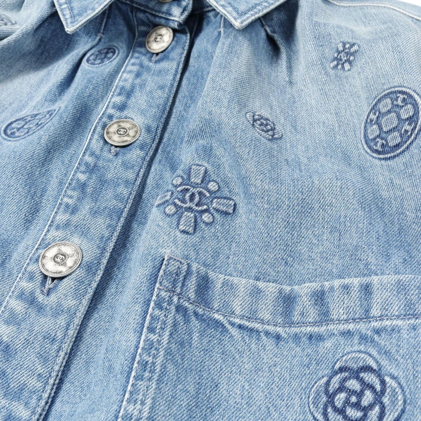 CHANEL Denim Jacket with Camellia and Coco Mark - Size 40