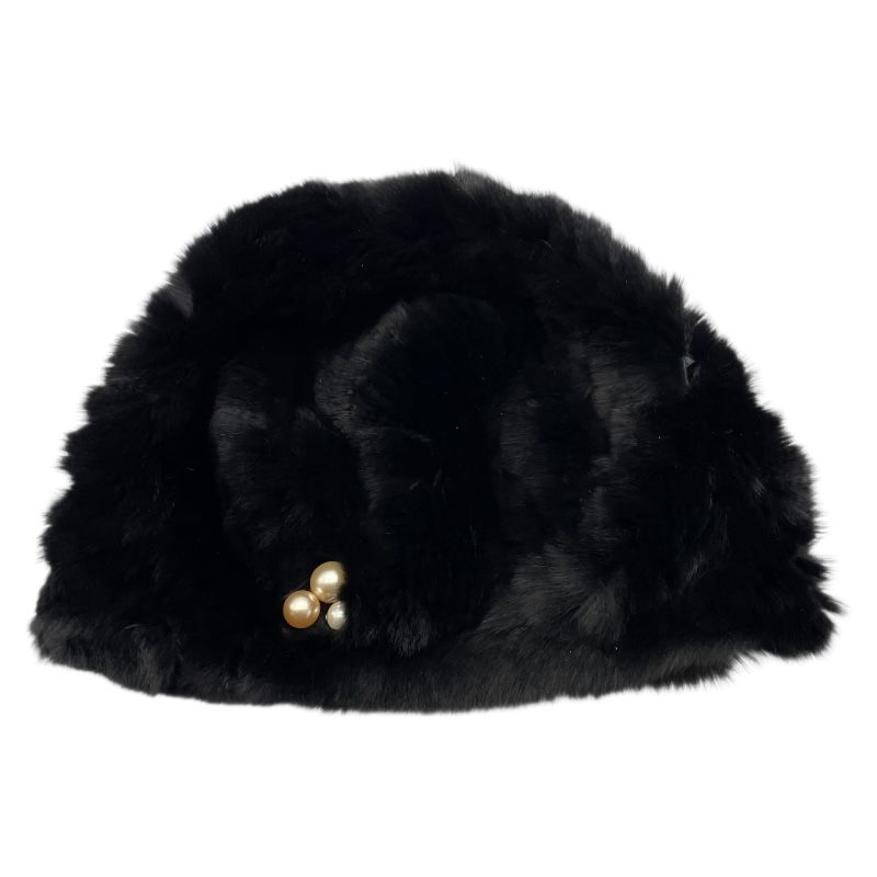 CHANEL Pearl-Embellished Black Rabbit Fur Hat - Unisex Luxury