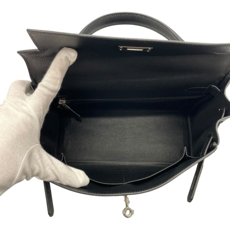 HERMES Kelly 28 Black Epson Leather Shoulder Bag with Silver Hardware