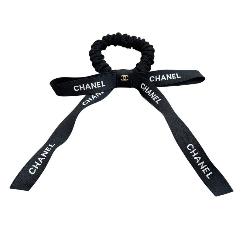 CHANEL Coco Mark Ribbon Chouchou - Black/White Silk Satin