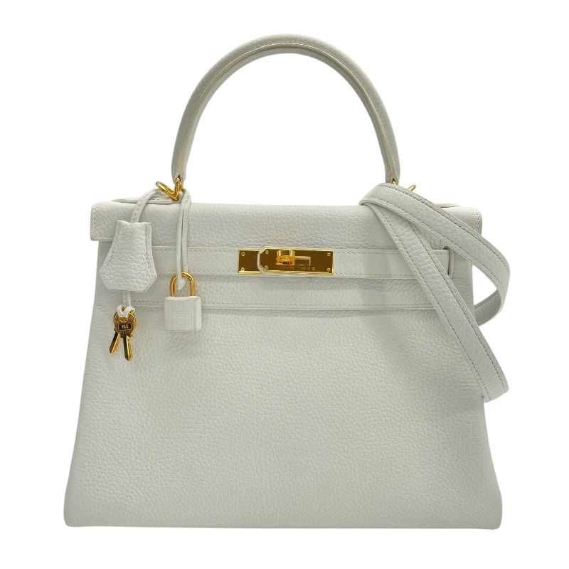 HERMES Kelly 28 White Togo Leather Shoulder Bag with Gold Hardware