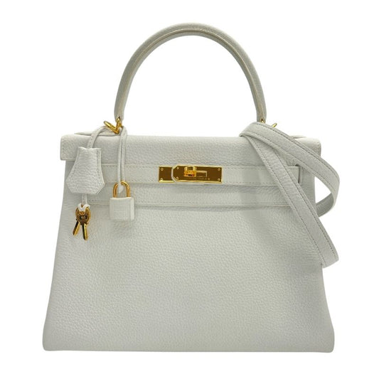 HERMES Kelly 28 White Togo Leather Shoulder Bag with Gold Hardware