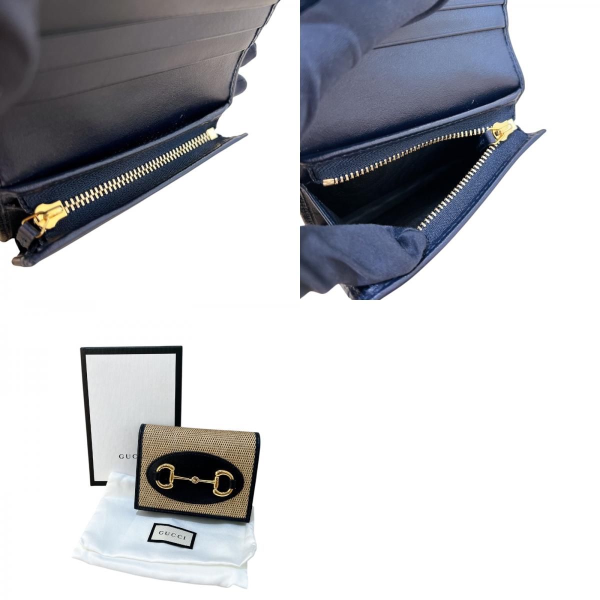 GUCCI Horsebit Compact Wallet in Brown/Navy Canvas & Leather