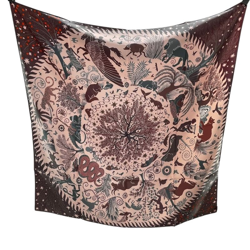 HERMES Double-Faced Silk Scarf Sous le Charme d'Orphee - Red & Grey