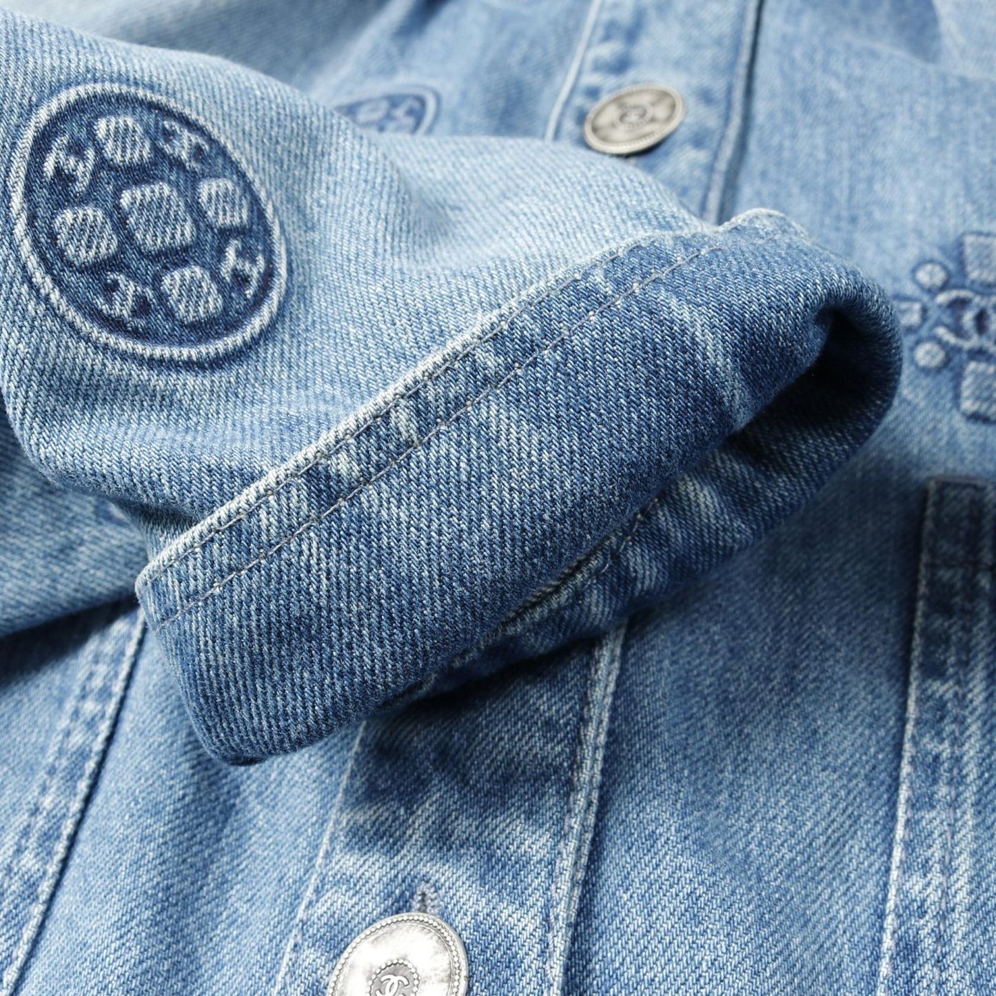 CHANEL Denim Jacket with Camellia and Coco Mark - Size 40