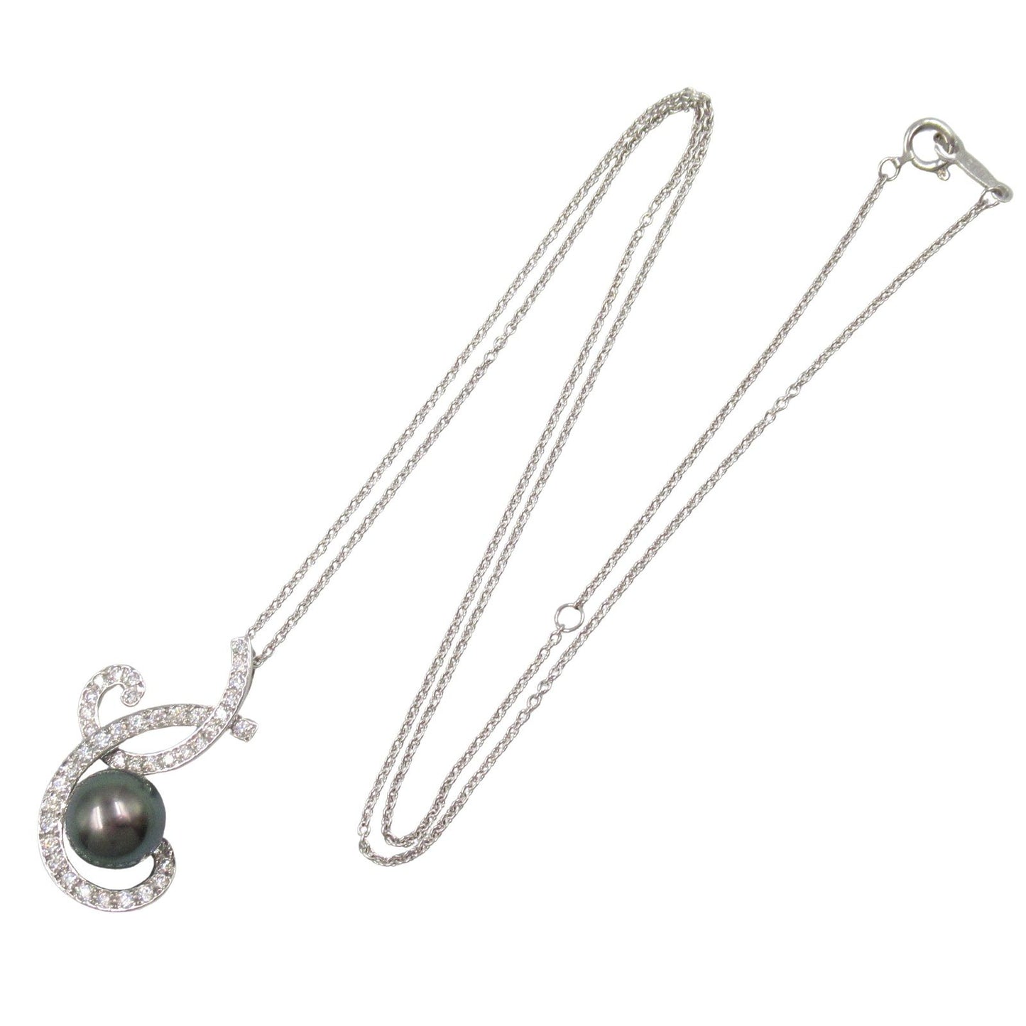 MIKIMOTO Black Pearl Necklace in K18WG with Diamonds - 42/48cm