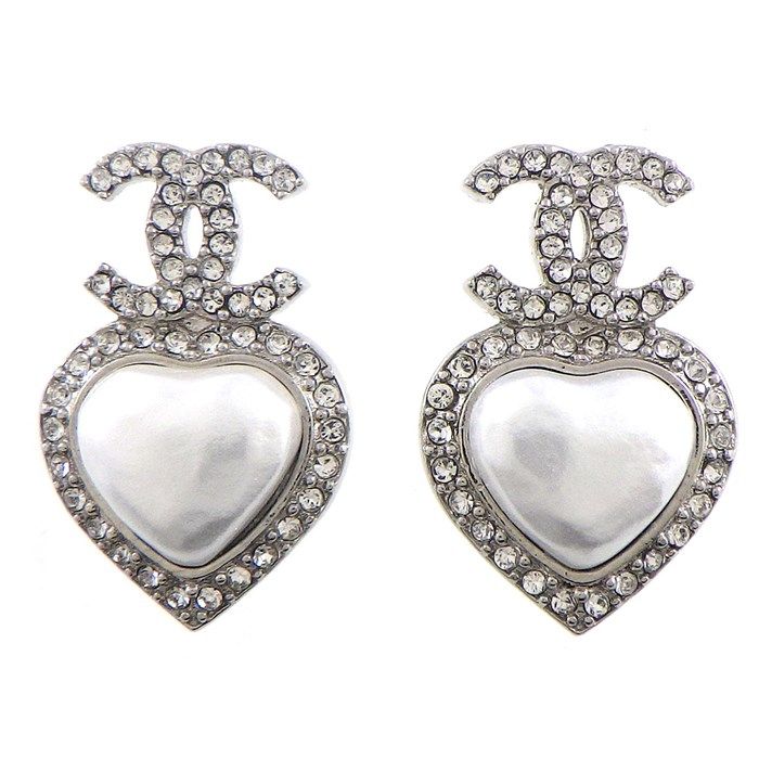 CHANEL Coco Mark Heart Earrings with Imitation Pearls & Rhinestones