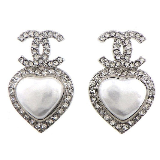 CHANEL Coco Mark Heart Earrings with Imitation Pearls & Rhinestones