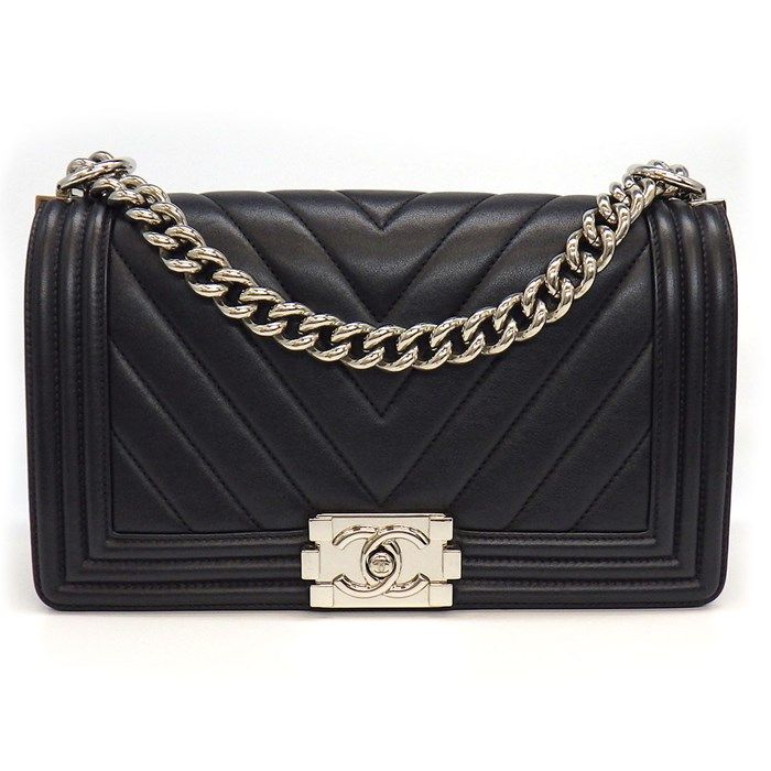 Chanel Boy Bag 25 Chevron Black Grey Lambskin Silver Hardware