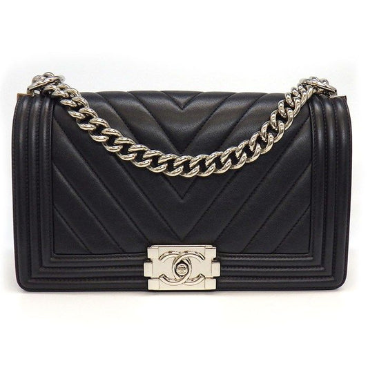 Chanel Boy Bag 25 Chevron Black Grey Lambskin Silver Hardware