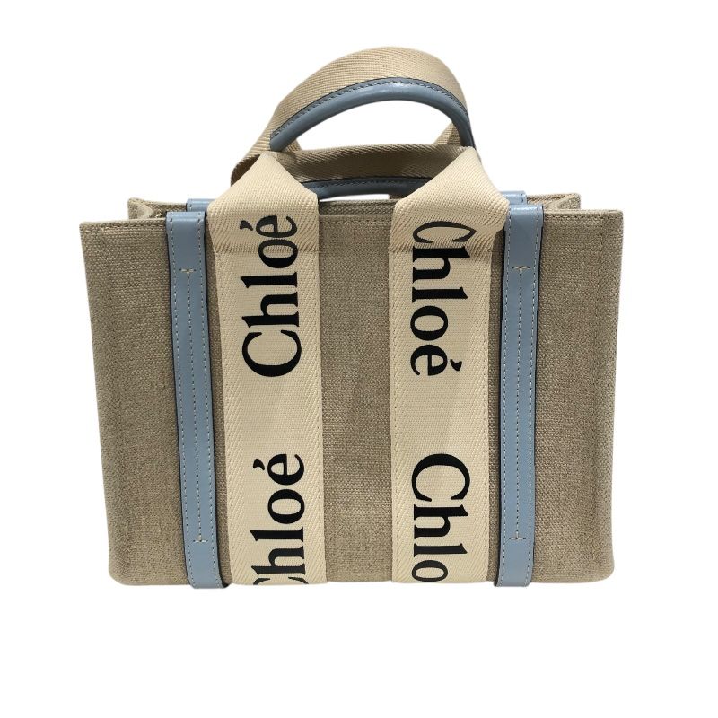 Chloe Woody Small Tote in Light Blue & Beige Linen Canvas
