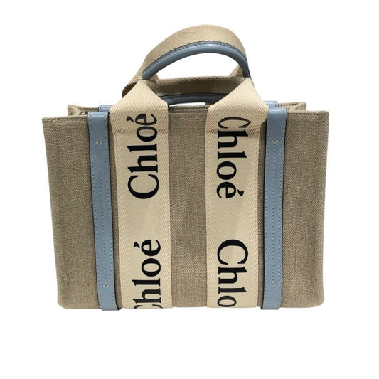 Chloe Woody Small Tote in Light Blue & Beige Linen Canvas