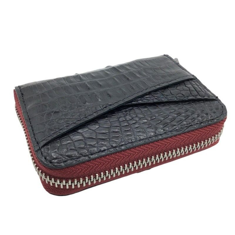 Exquisite Crocodile Round Zipper Card Case in Navy Black & Silver