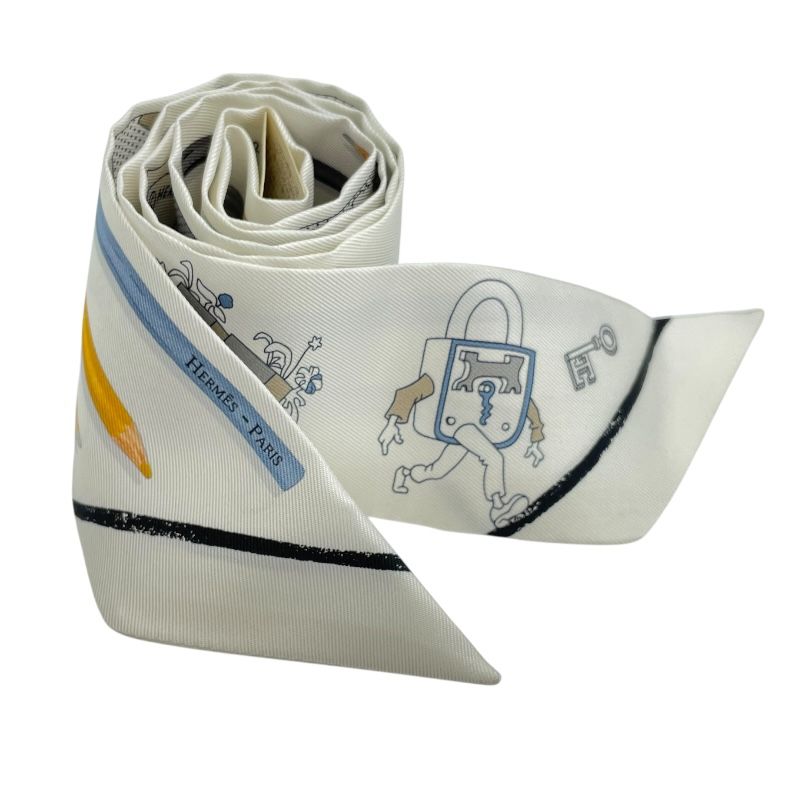 HERMES A Vos Crayons Carre Twilly Silk Scarf - White