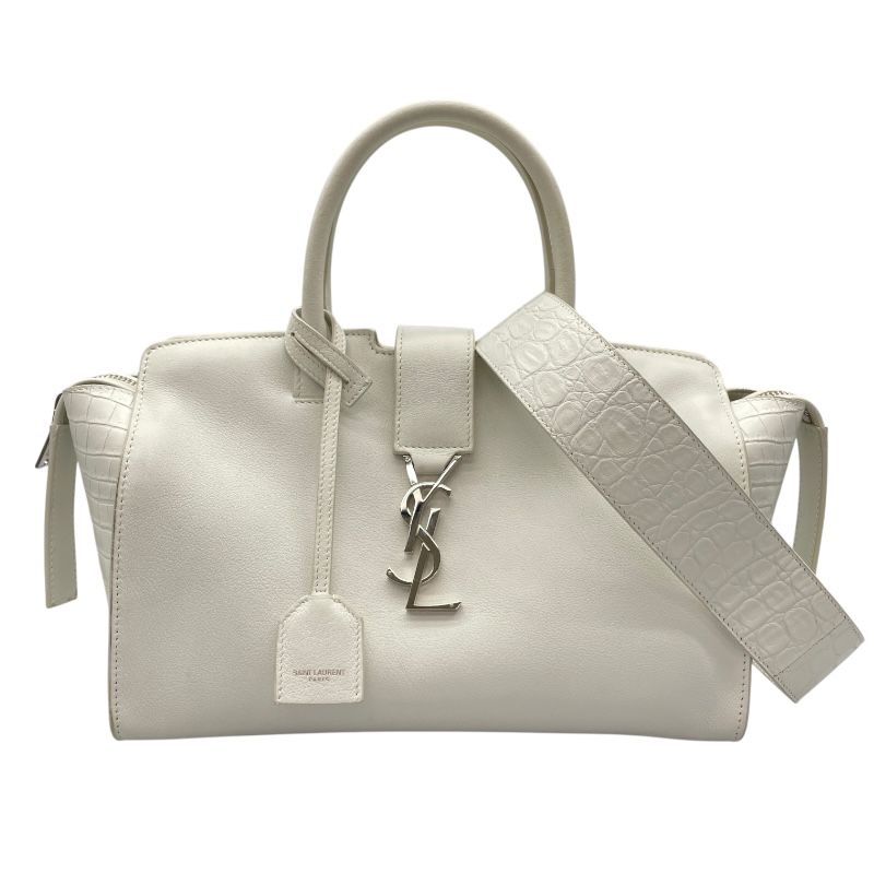 SAINT LAURENT Downtown Cabas White Croc-Embossed Leather Shoulder Bag