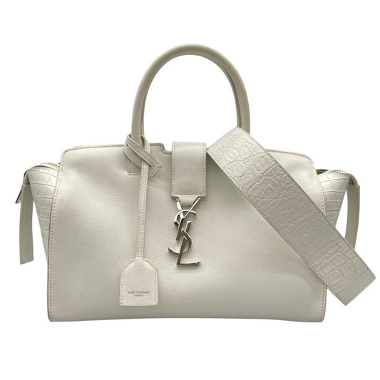 SAINT LAURENT Downtown Cabas White Croc-Embossed Leather Shoulder Bag