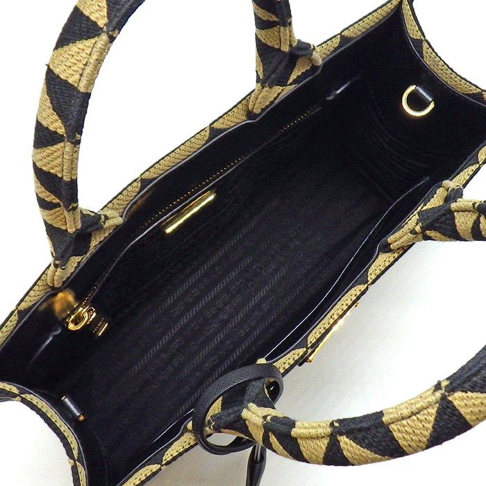 PRADA Symbol Small Tote Bag - Black & Beige Jacquard Fabric