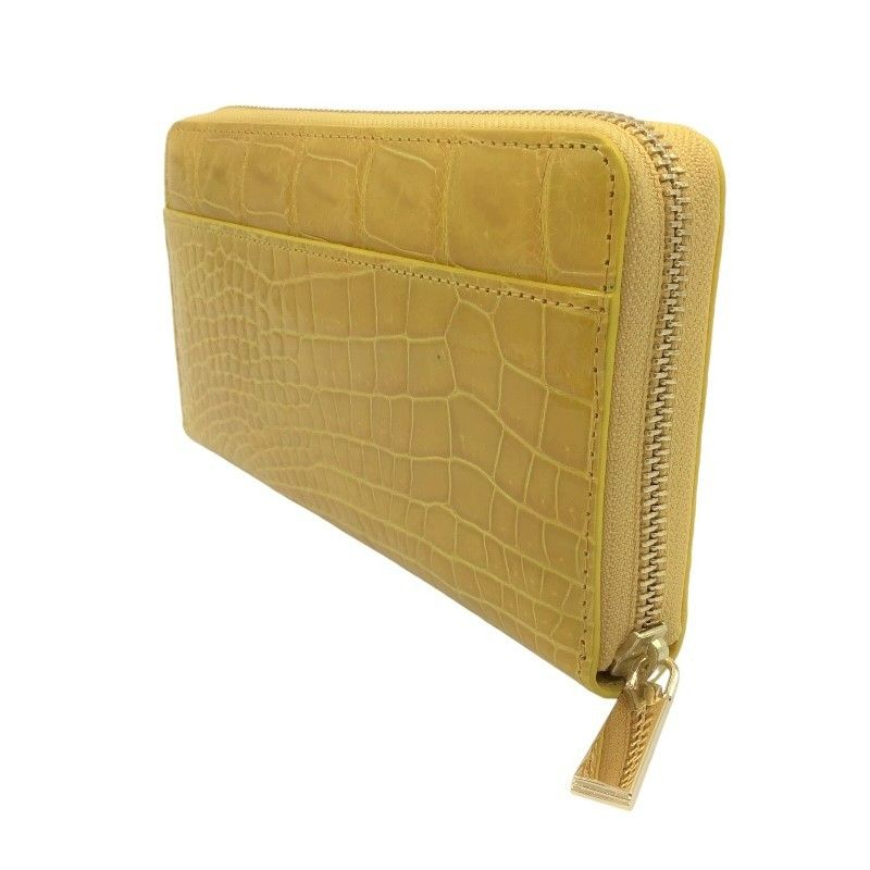 Exquisite Yellow Crocodile Leather Zipper Wallet with Gold Accents