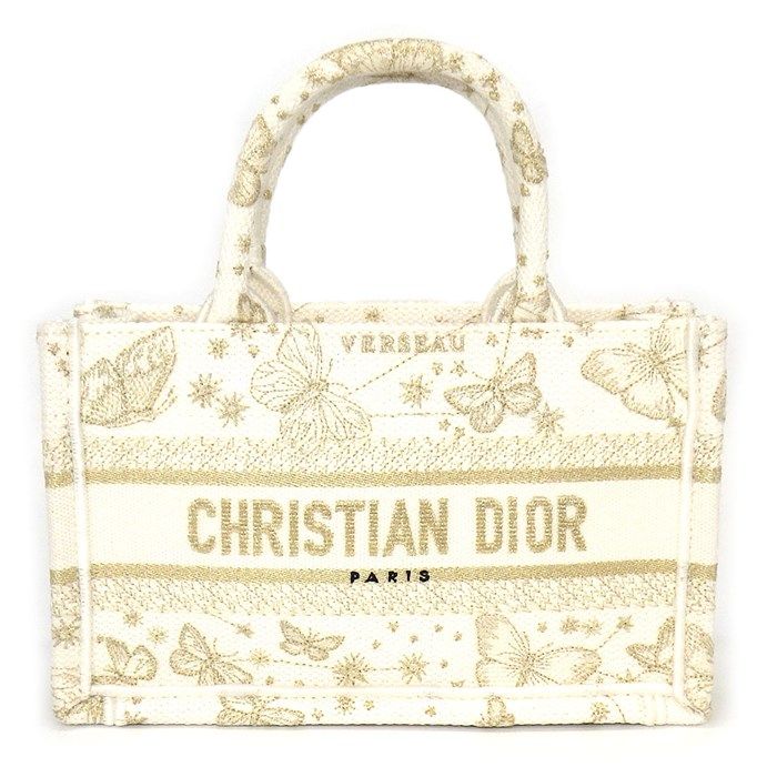 Dior Mini Book Tote Bag - Gold & White Butterfly Zodiac Embroidery
