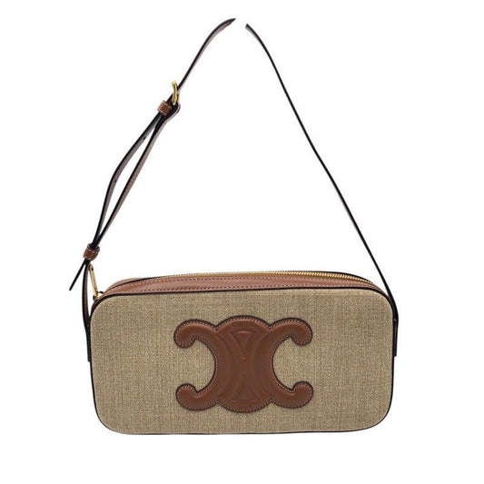 CELINE Triomphe Camera Shoulder Bag in Tan Canvas & Calfskin