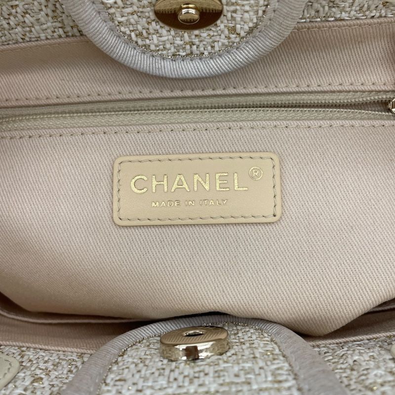 CHANEL Deauville PM White Tweed Tote Bag with Gold Hardware