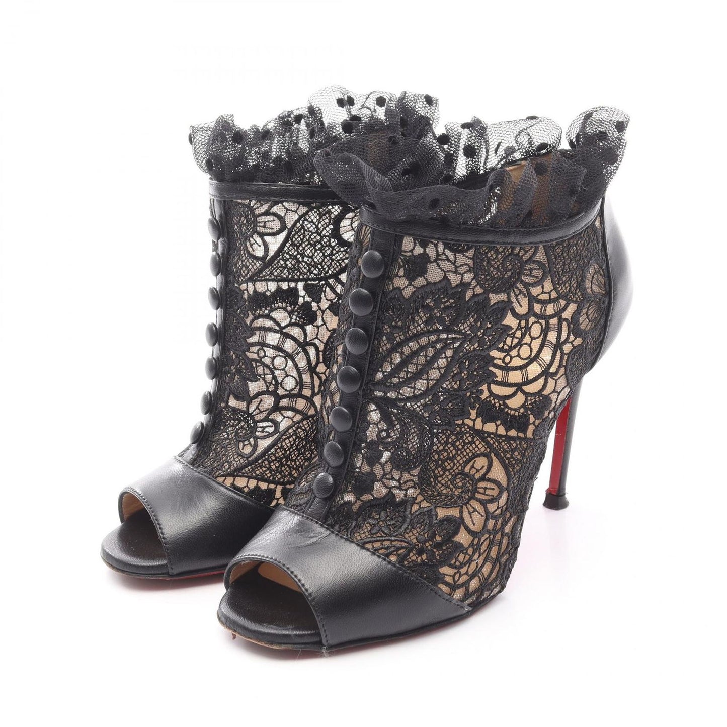 Christian Louboutin Black Leather Lace Open-Toe Booties - Size 35