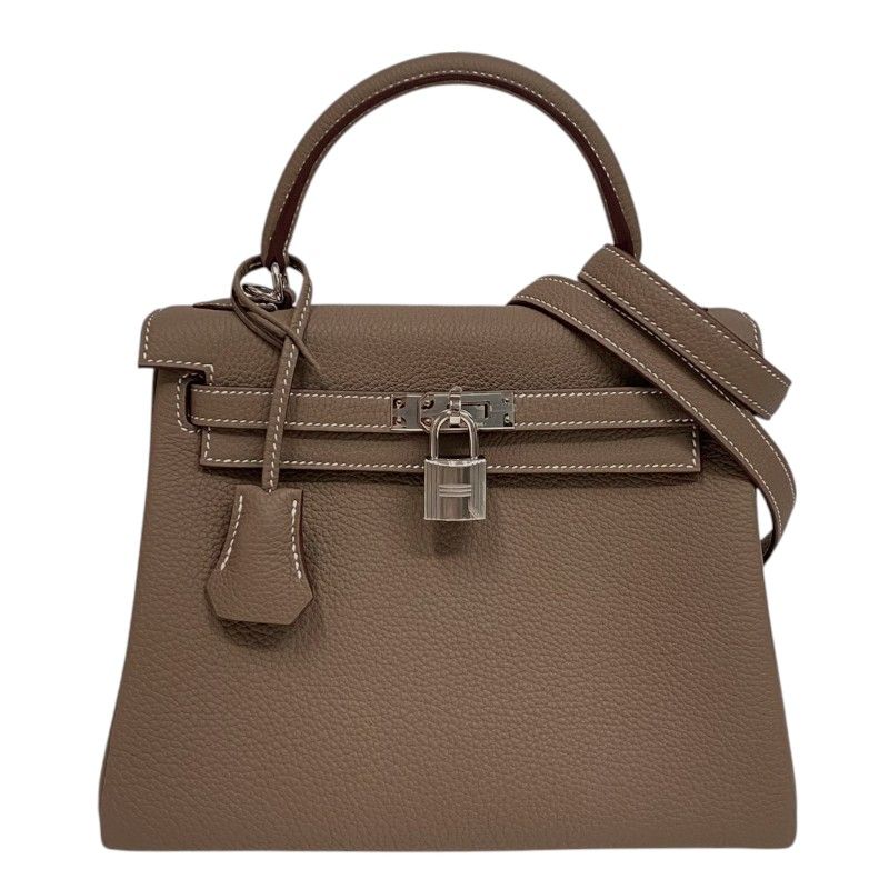 HERMES Kelly 25 Etoupe Togo Handbag with Silver Hardware