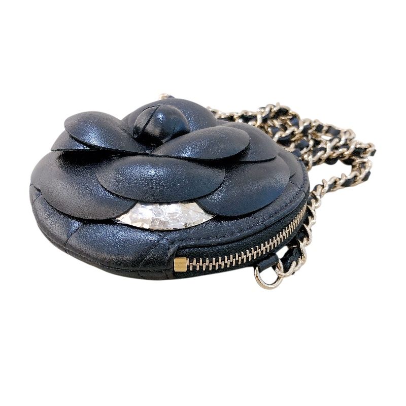 CHANEL Camellia Chain Shoulder Bag - Black Lambskin with Gold Hardware