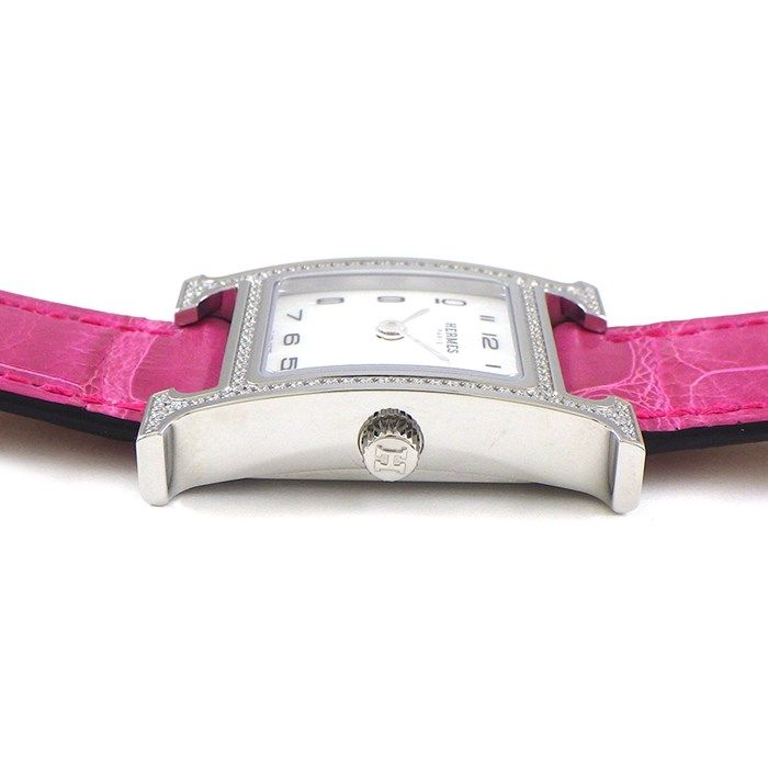 HERMES H-Watch PM 25mm with Diamond Bezel & Pink Alligator Strap
