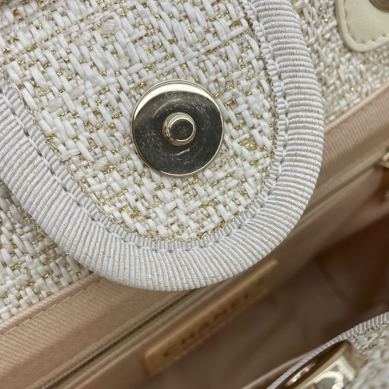 CHANEL Deauville PM White Tweed Tote Bag with Gold Hardware