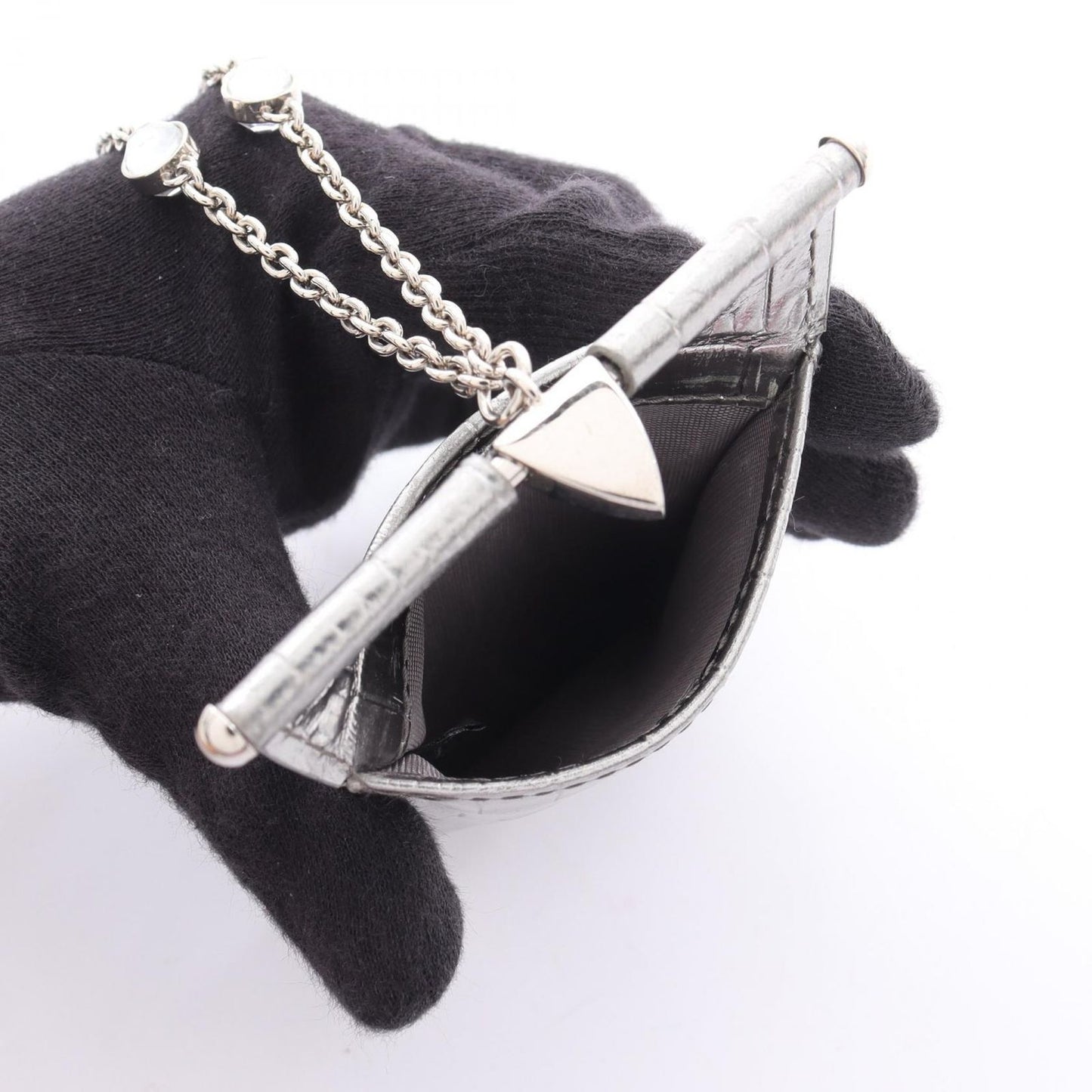 Miu Miu ST COCCO Silver Leather Card Case with Chain