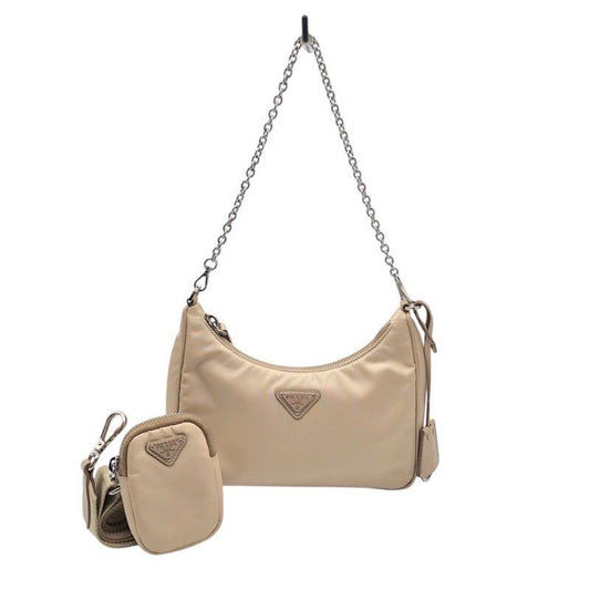 PRADA Re-Edition 2005 Beige Nylon Shoulder Bag with Silver Hardware