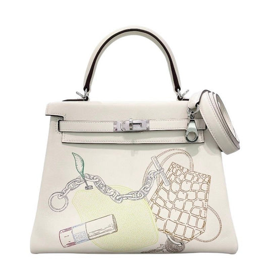 HERMES Kelly 25 In & Out Handbag - Swift Leather, Nat, Silver Hardware