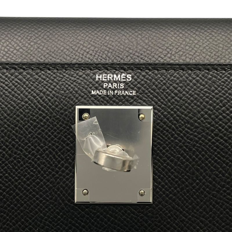 HERMES Kelly 28 Black Epson Leather Shoulder Bag with Silver Hardware