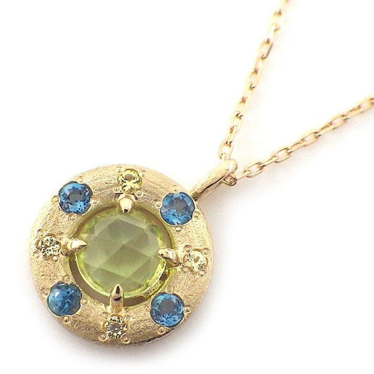 Rose Cut Peridot, Blue Topaz & Yellow Sapphire Necklace in K10YG