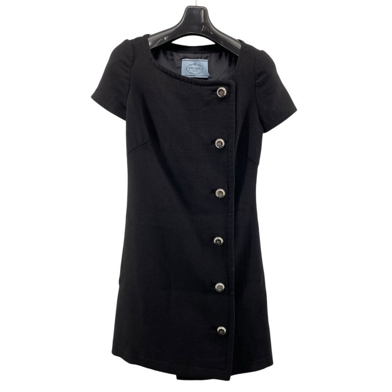 PRADA Metal Button Short Sleeve Dress in Black Wool - Size 36
