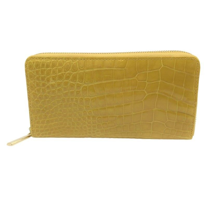 Exquisite Yellow Crocodile Leather Zipper Wallet with Gold Accents