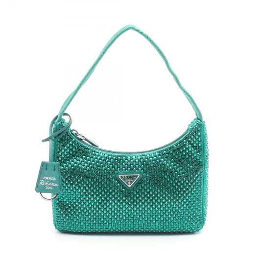PRADA Re-Edition 2000 Handbag in Green Fabric with Crystals