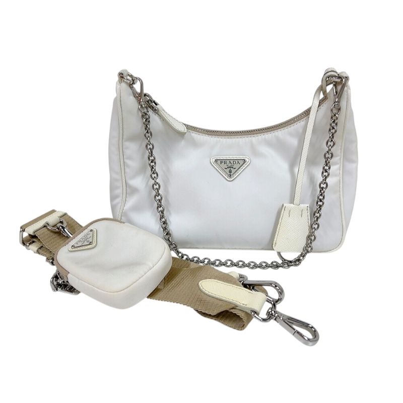 PRADA Re-Edition 2005 White Nylon Shoulder Bag with Silver Hardware