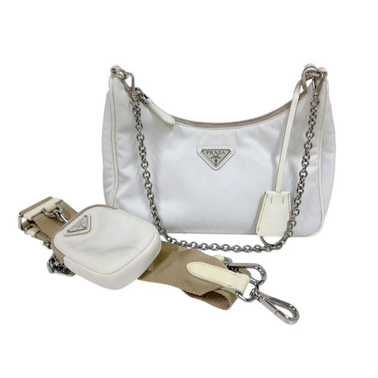 PRADA Re-Edition 2005 White Nylon Shoulder Bag with Silver Hardware
