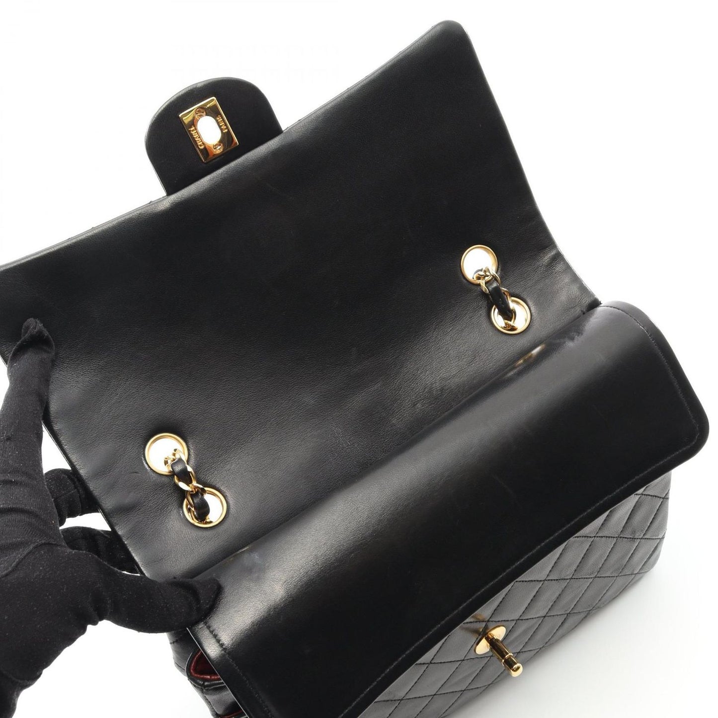 CHANEL Matelassé Double Flap Shoulder Bag in Black Lambskin