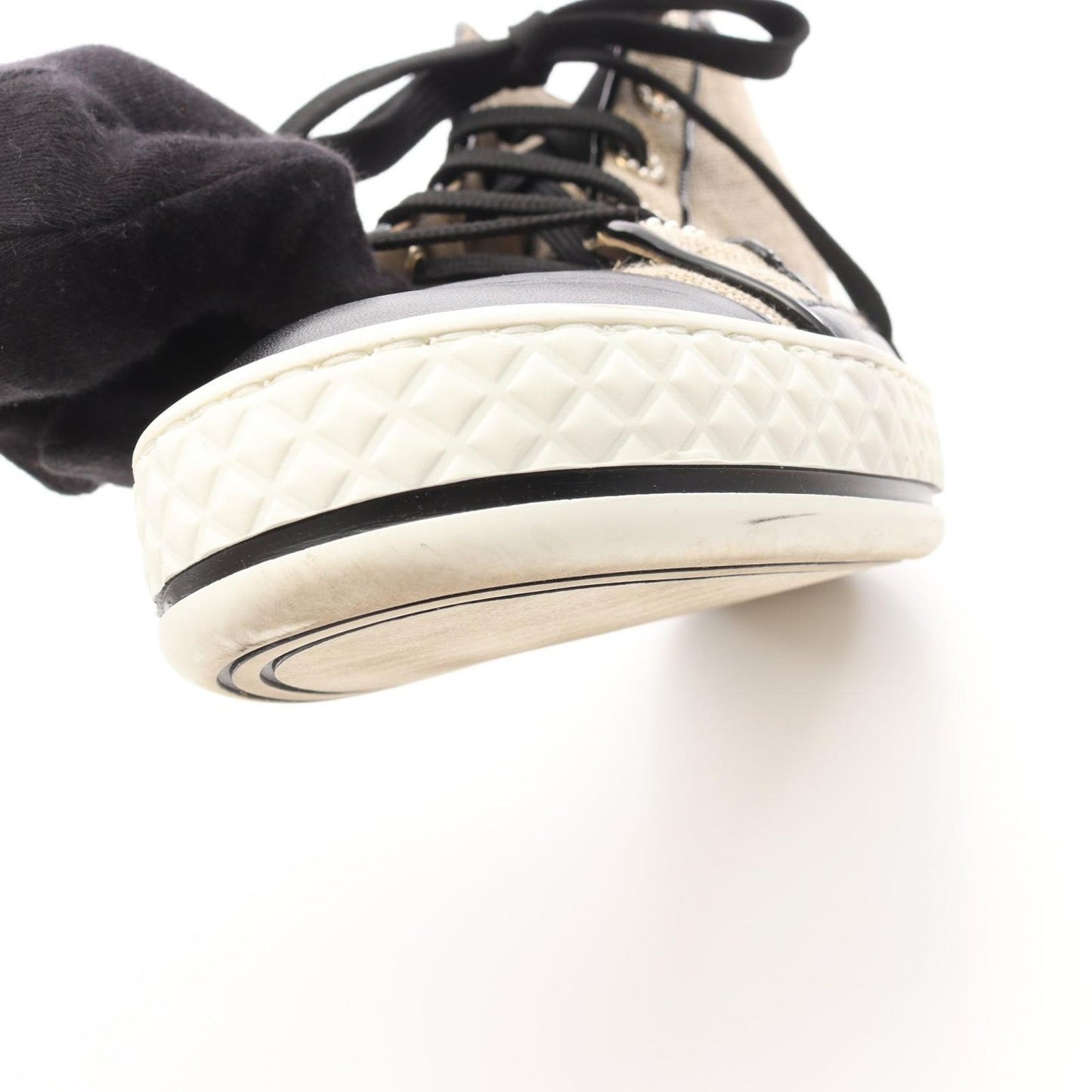 CHANEL Coco Mark High-Top Sneakers in Beige/Black Canvas & Leather