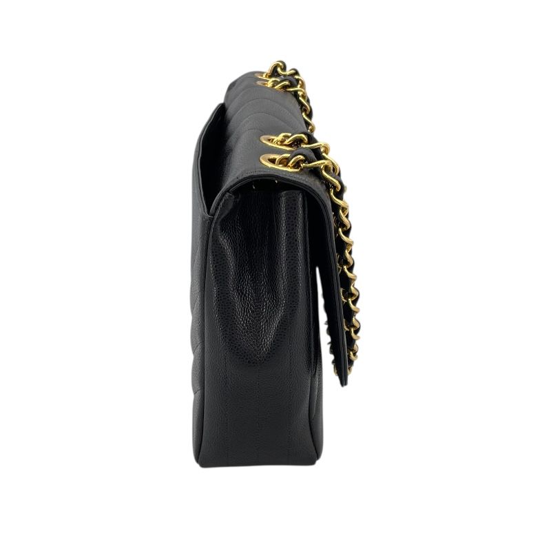 CHANEL Black Caviar Skin Chain Shoulder Bag with Gold Hardware