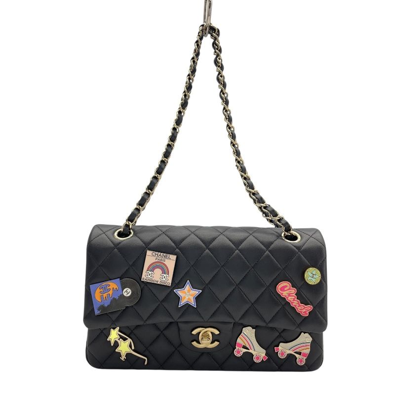 CHANEL Matelassé 25 Wappen Black Lambskin Shoulder Bag
