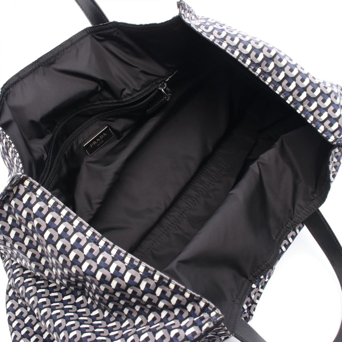 PRADA TESSUTO STAMPAT Tote Bag in Navy Nylon & Saffiano Leather