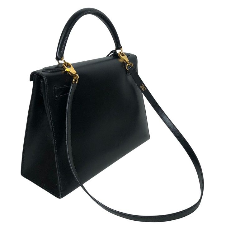 HERMES Kelly 28 Black Box Calf Shoulder Bag with Gold Hardware
