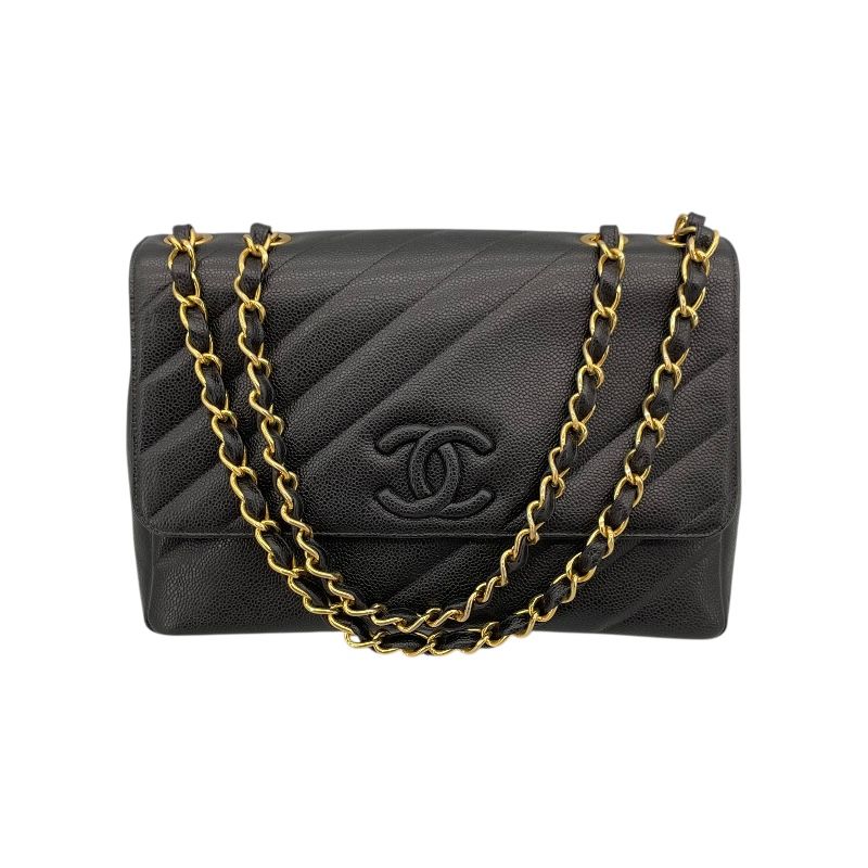 CHANEL Black Caviar Skin Chain Shoulder Bag with Gold Hardware