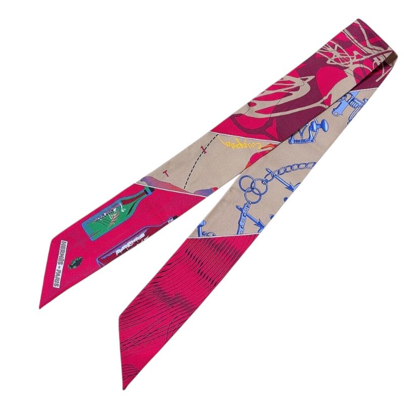 HERMES Caleche Mors et Bouteilles Twilly Scarf in Bordeaux Multi