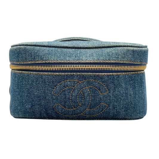 CHANEL Vanity A01618 Blue Denim Handbag with Gold Hardware