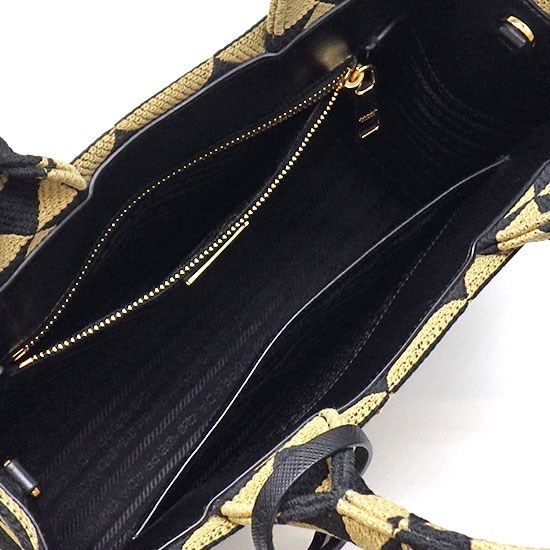 PRADA Symbol Small Tote Bag - Black & Beige Jacquard Fabric